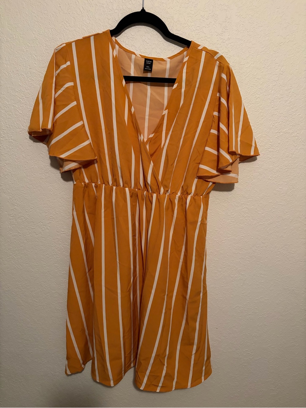 SHEIN Mustard Yellow & White Striped V-Neck Mini Dress